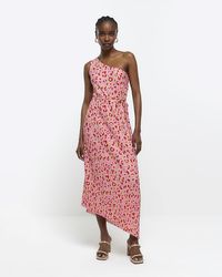 River Island - Pink Leopard One Shoulder Plisse Maxi Dress - Lyst