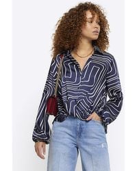 River Island - Navy Abstract Wrap Shirt - Lyst