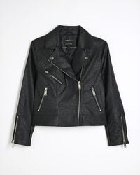 River Island - Petite Black Faux Leather Zip Biker Jacket - Lyst