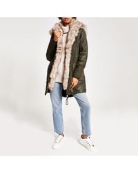 River Island Khaki Faux Fur Trim Oversized Parka - Multicolour