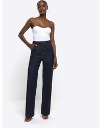 River Island - Blue High Waist Relaxed Straight Cargo Jeans - Lyst