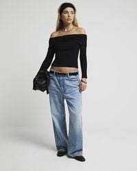 River Island - Black Ribbed Knot Bardot Top - Lyst