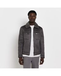 River Island - Grey Suedette Lined Borg Collar Jacket - Lyst