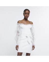 River Island - White Bardot Mesh Sleeve Bodycon Mini Dress - Lyst