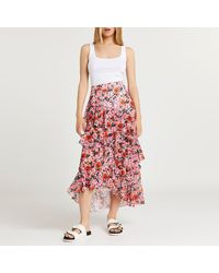 River Island Pink Floral Print Ruffle Maxi Skirt