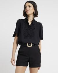 River Island - Black Embroidered Floral Blouse - Lyst
