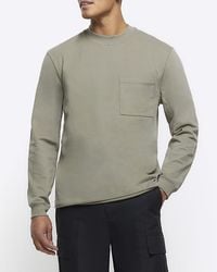 River Island - Khaki Regular Fit Long Sleeve Pocket T-shirt - Lyst