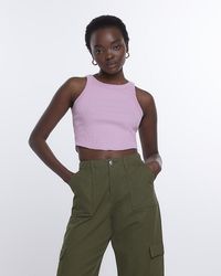 River Island - Pink Ribbed Crop Racer Top - Lyst