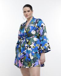 River Island - Plus Green Print Satin Long Sleeve Mini Dress - Lyst