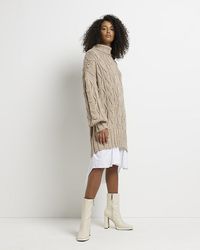 River Island - Beige Cable Knit Mini Jumper Shirt Dress - Lyst