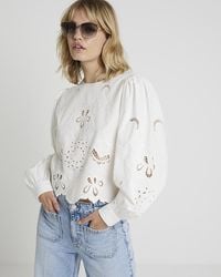 River Island - White Floral Broderie Blouse - Lyst