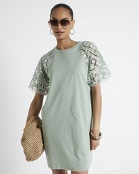 River Island - Khaki Broderie Sleeve Mini T-shirt Dress - Lyst