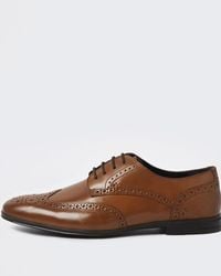 River Island - Brown Wide Fit Leather Brogue Derby Shoes - Lyst