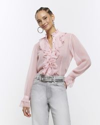 River Island - Pink Frill Fluted Cuff Blouse - Lyst