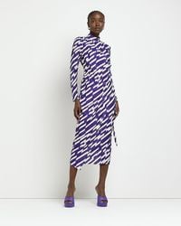 River Island - Purple Long Sleeve Wrap Bodycon Midi Dress - Lyst