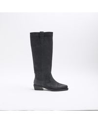 River Island - Black Leather High Leg Western Boots - Lyst