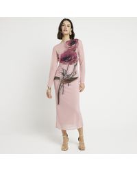 River Island - Pink Mesh Floral Bodycon Midi Dress - Lyst