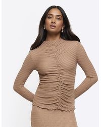 River Island - Brown Textured Ruched Long Sleeves Top - Lyst
