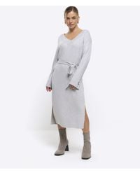 River Island - Knitted Belted Jumper Midi Dress - Lyst