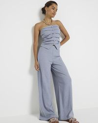 River Island - Petite Blue Textured Wide Leg Trousers - Lyst