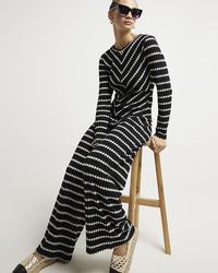 River Island - Black Crochet Stripe Wide Leg Trousers - Lyst