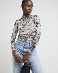River Island - Grey Mesh Abstract Long Sleeve Top - Lyst