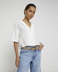 River Island - Petite White Lace Panel Crop Shirt - Lyst