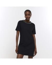 River Island - Black Diamante Trim T-shirt Mini Dress - Lyst