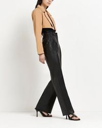 River Island Faux Leather Wide Leg Pleated Trousers - Black