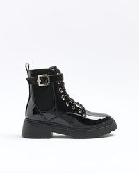 River Island - Patent Buckle Lace Up Boots - Lyst