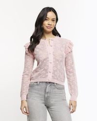 River Island - Pink Floral Lace Frill Cardigan - Lyst