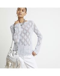 River Island - Silver Crochet Tie Back Long Sleeve Top - Lyst