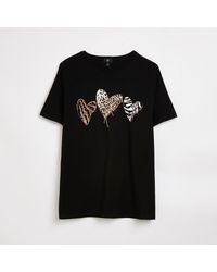 River Island Plus Black Animal Print Graphic Heart T-shirt