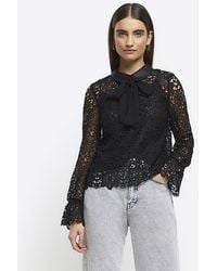 River Island - Black Lace Bow Detail Blouse - Lyst