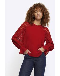 River Island - Red Plisse Lace Sleeve Blouse - Lyst