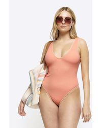 River Island - Coral Textured Whipstitch Swimsuit - Lyst