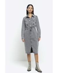 River Island - Grey Button Front Denim Midi Shirt Dress - Lyst