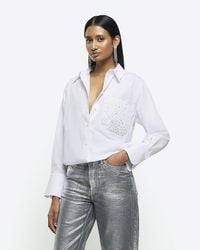 River Island - White Oversized Embellished Pocket Shirt - Lyst