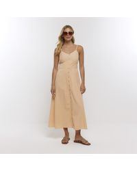 River Island - Coral Button Cami Midi Dress With Linen - Lyst