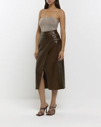 River Island - Brown Faux Leather Wrap Midi Skirt - Lyst