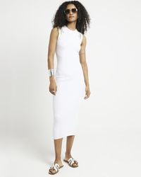 River Island - White Ribbed Embroidered Bodycon Midi Dress - Lyst