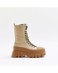River Island Beige Canvas Chunky Boots - Natural