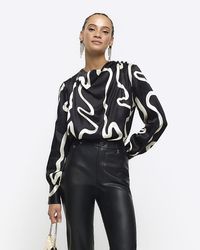 River Island - Black Abstract Cowl Neck Blouse - Lyst