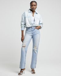River Island - Blue High Waisted Ripped Stove Straight Jeans - Lyst