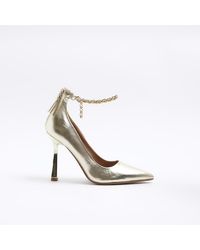 River Island - Gold Chain Strap Heeled Court Shoes - Lyst