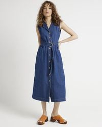 River Island - Blue Belted Denim Midi Shirt Dress - Lyst