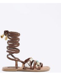 River Island - Leather Beaded Tie Up Gladiator Sandals - Lyst