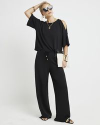 River Island - Black Textured Wide Leg Trousers - Lyst