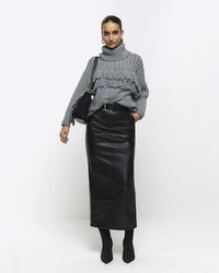 River Island - Black Faux Leather Belted Midi Skirt - Lyst