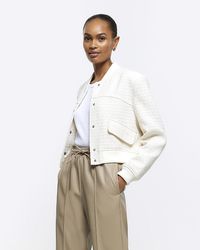 River Island - Cream Boucle Tailored Bomber Jacket - Lyst